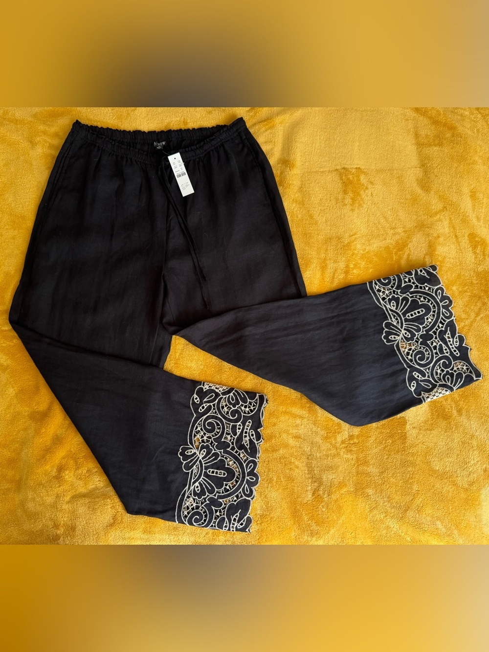 J. Crew Black Wide-Leg Pants with White Embroidered Hem